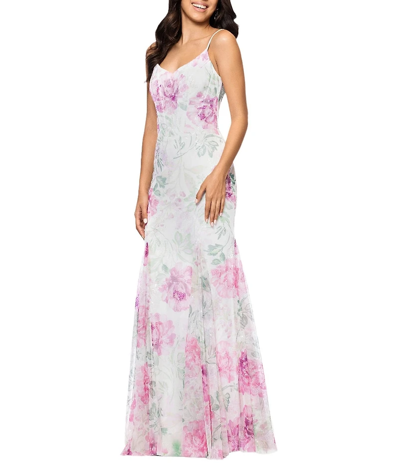 Betsy & Adam Sequin Floral Print V Neck Sleeveless Mermaid Gown