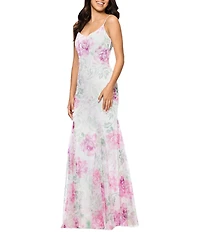 Betsy & Adam Sequin Floral Print V Neck Sleeveless Mermaid Gown