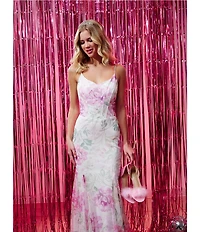 Betsy & Adam Sequin Floral Print V Neck Sleeveless Mermaid Gown