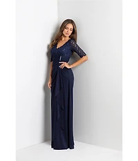 Betsy & Adam Sequin Lace V-Neck 3/4 Sleeve Gown