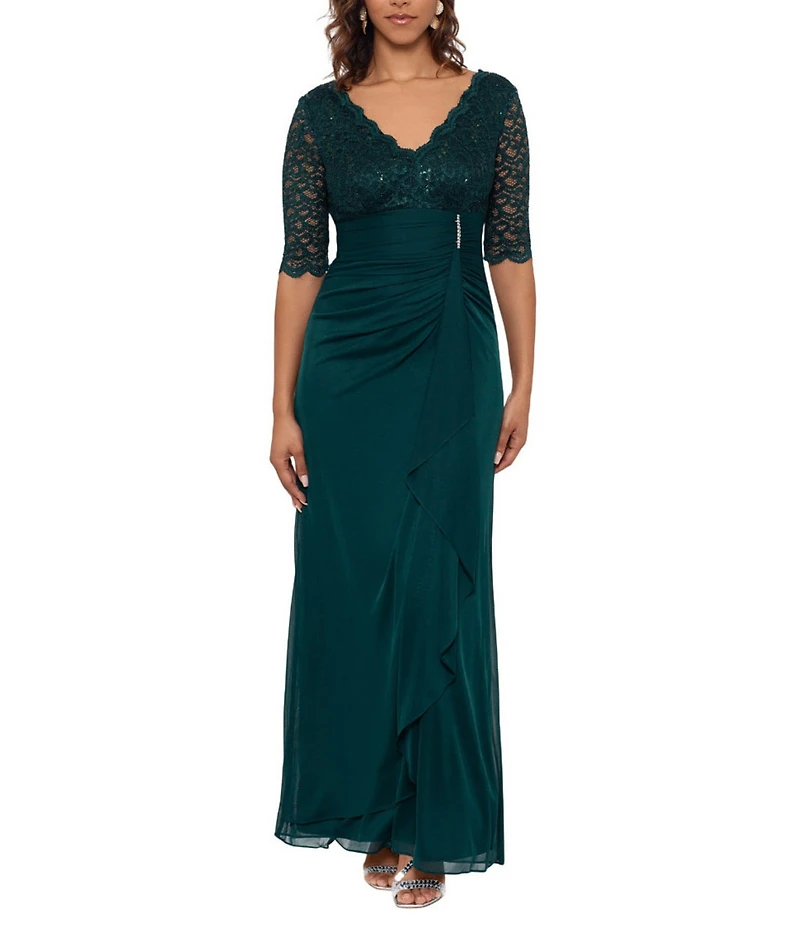 Betsy & Adam Sequin Lace V-Neck 3/4 Sleeve Gown