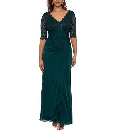 Betsy & Adam Sequin Lace V-Neck 3/4 Sleeve Gown