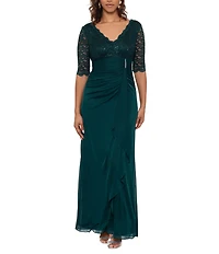 Betsy & Adam Sequin Lace V-Neck 3/4 Sleeve Gown
