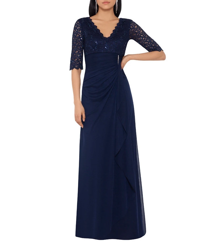 Betsy & Adam Sequin Lace V-Neck 3/4 Sleeve Gown