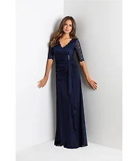 Betsy & Adam Sequin Lace V-Neck 3/4 Sleeve Gown