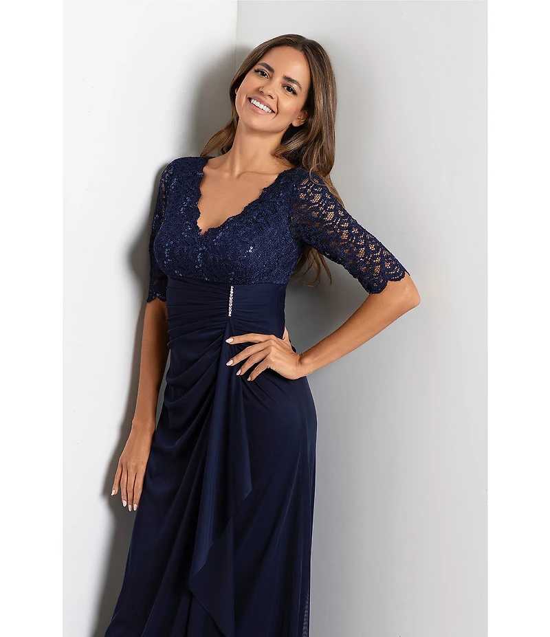 Betsy & Adam Sequin Lace V-Neck 3/4 Sleeve Gown