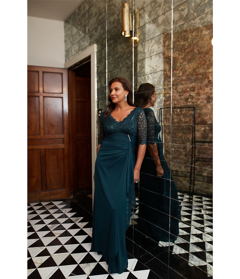 Betsy & Adam Sequin Lace V-Neck 3/4 Sleeve Gown