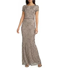 Betsy & Adam Sequin Mesh Crew Neck Short Sleeve Sheath Long Dress