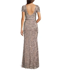 Betsy & Adam Sequin Mesh Crew Neck Short Sleeve Sheath Long Dress