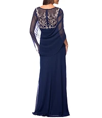 Betsy & Adam Sheer Matte Jersey Boat Neck Short Sleeve Beaded Back Cape Sheath Dress