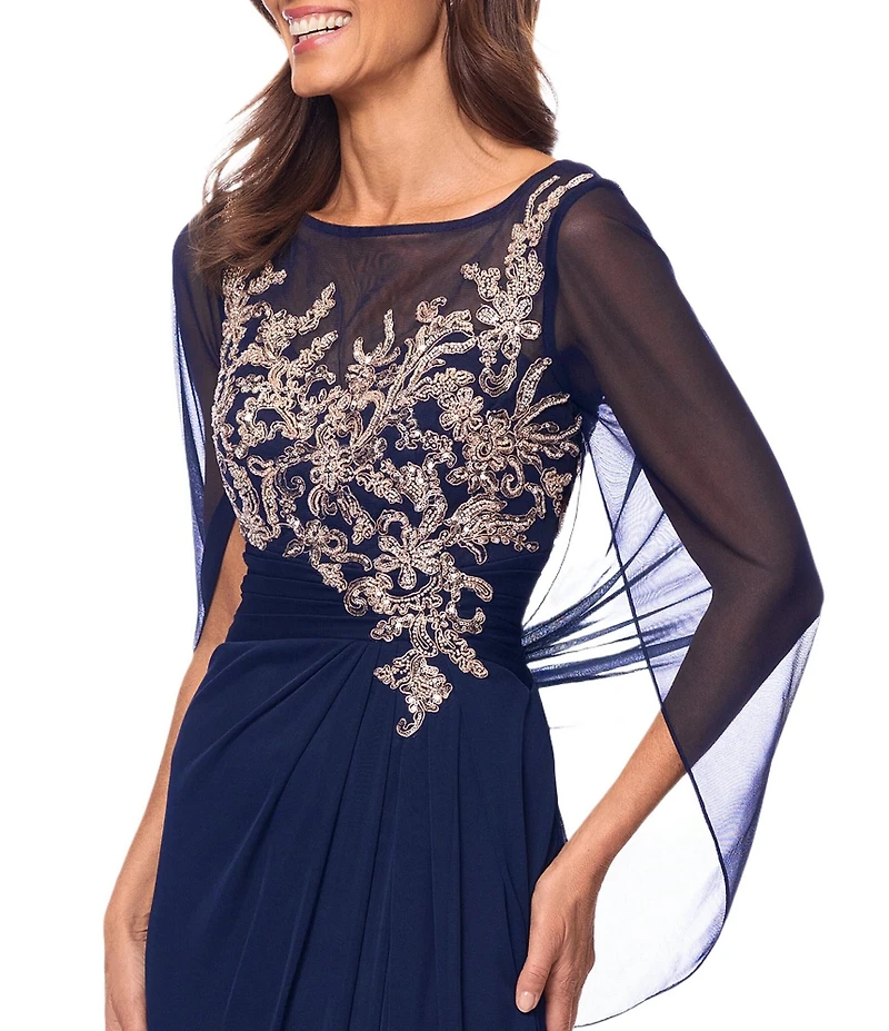 Betsy & Adam Sheer Matte Jersey Boat Neck Short Sleeve Beaded Back Cape Sheath Dress