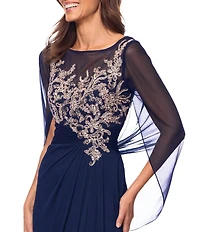 Betsy & Adam Sheer Matte Jersey Boat Neck Short Sleeve Beaded Back Cape Sheath Dress