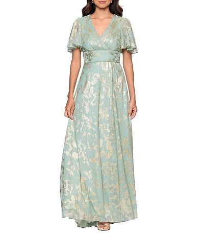 Betsy & Adam Short Sleeve Floral Metallic Crinkle Long Dress