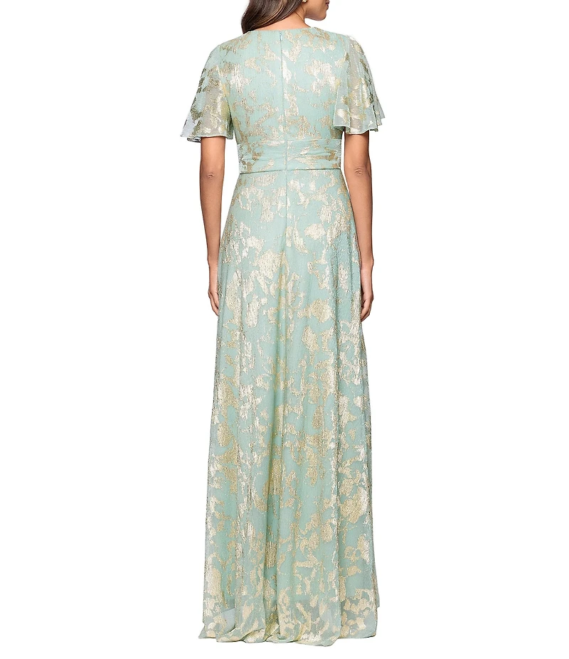 Betsy & Adam Short Sleeve Floral Metallic Crinkle Long Dress
