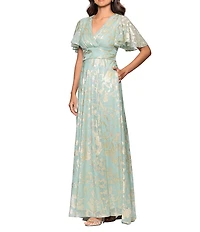Betsy & Adam Short Sleeve Floral Metallic Crinkle Long Dress