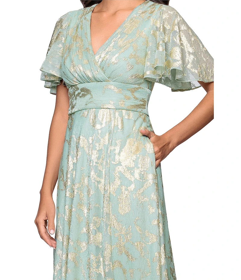 Betsy & Adam Short Sleeve Floral Metallic Crinkle Long Dress