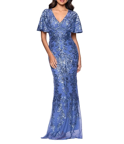 Betsy & Adam Short Sleeve Sequin Mesh Gown