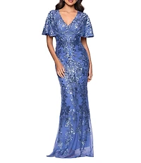 Betsy & Adam Short Sleeve Sequin Mesh Gown