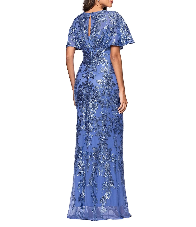 Betsy & Adam Short Sleeve Sequin Mesh Gown