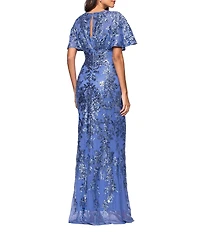 Betsy & Adam Short Sleeve Sequin Mesh Gown