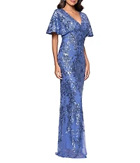 Betsy & Adam Short Sleeve Sequin Mesh Gown