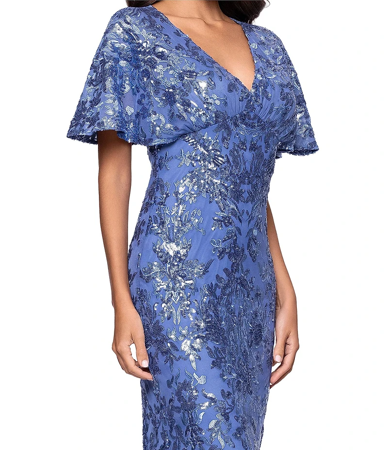 Betsy & Adam Short Sleeve Sequin Mesh Gown