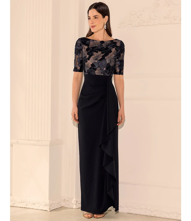 Betsy & Adam Soutache Mixed Media Gown