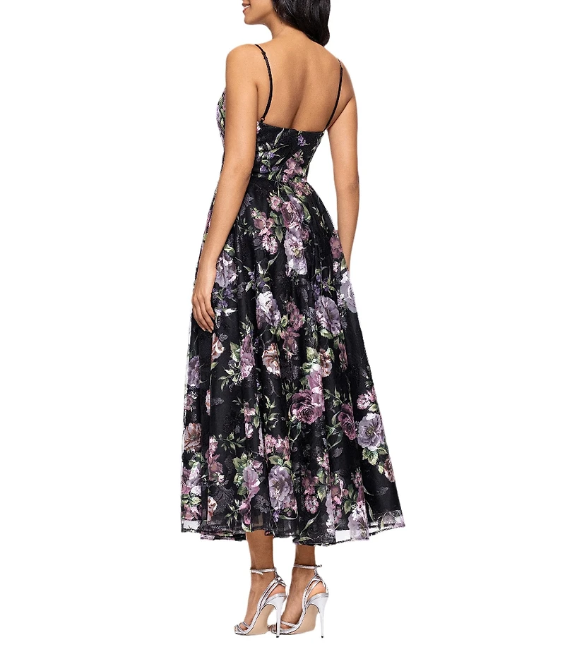 Betsy & Adam Square Neck Floral Print Embroidered Mesh Fit & Flare Midi Dress