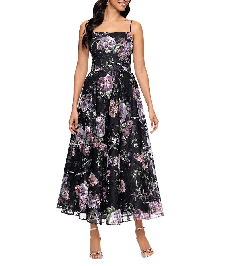 Betsy & Adam Square Neck Floral Print Embroidered Mesh Fit & Flare Midi Dress