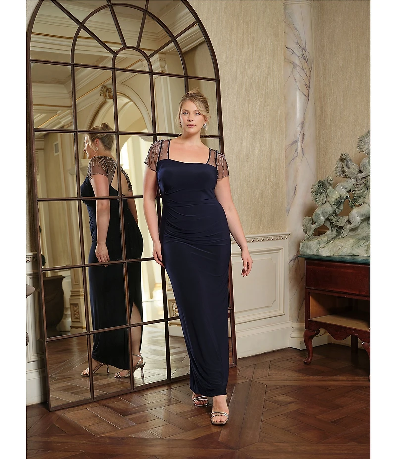 Betsy & Adam Square Neck Short Beaded Sleeve Open Back Gown