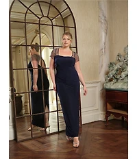Betsy & Adam Square Neck Short Beaded Sleeve Open Back Gown