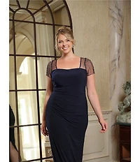 Betsy & Adam Square Neck Short Beaded Sleeve Open Back Gown