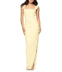 Betsy & Adam Square Neck Stretch Mesh Ruched Sleeveless Long Sheath Dress