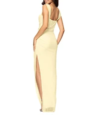 Betsy & Adam Square Neck Stretch Mesh Ruched Sleeveless Long Sheath Dress