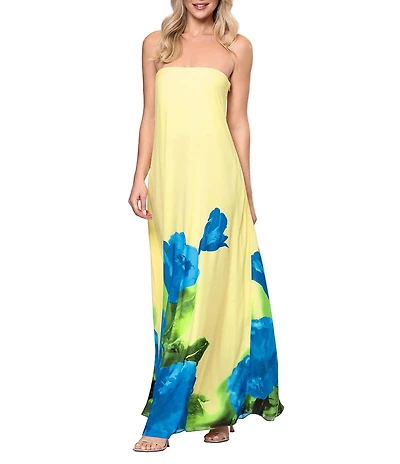 Betsy & Adam Strapless Floral Print Gown