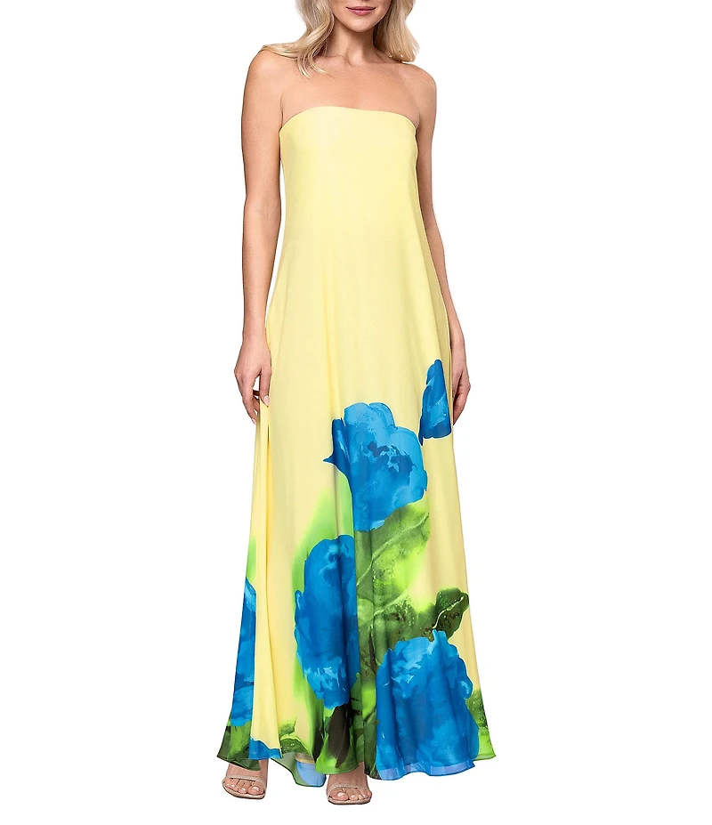 Betsy & Adam Strapless Floral Print Gown