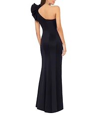 Betsy & Adam Stretch One Flutter Shoulder Mermaid Gown