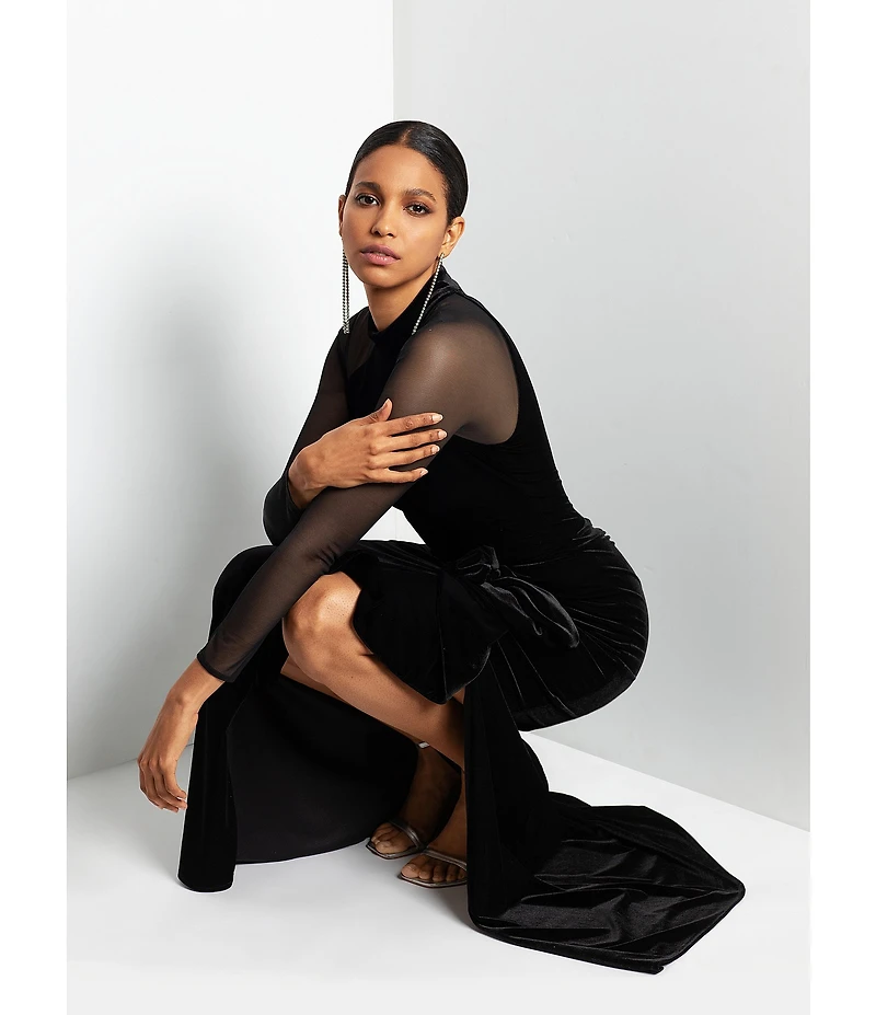 Betsy & Adam Stretch Velvet Mock Neck Long Illusion Sleeve Gown