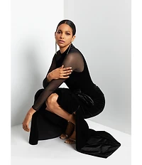 Betsy & Adam Stretch Velvet Mock Neck Long Illusion Sleeve Gown