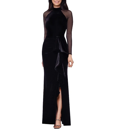 Betsy & Adam Stretch Velvet Mock Neck Long Illusion Sleeve Gown