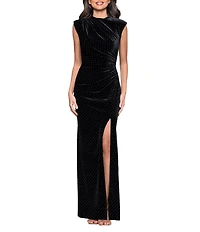 Betsy & Adam Studded Velvet Mock Neck Cap Cleeve Sheath Gown