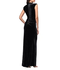 Betsy & Adam Studded Velvet Mock Neck Cap Cleeve Sheath Gown