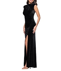 Betsy & Adam Studded Velvet Mock Neck Cap Cleeve Sheath Gown
