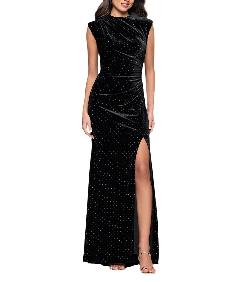 Betsy & Adam Studded Velvet Mock Neck Cap Cleeve Sheath Gown