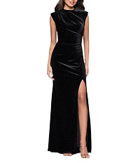 Betsy & Adam Studded Velvet Mock Neck Cap Cleeve Sheath Gown