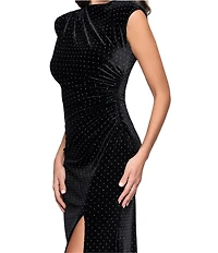 Betsy & Adam Studded Velvet Mock Neck Cap Cleeve Sheath Gown