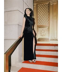 Betsy & Adam Studded Velvet Mock Neck Cap Cleeve Sheath Gown