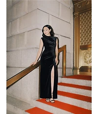 Betsy & Adam Studded Velvet Mock Neck Cap Cleeve Sheath Gown