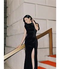 Betsy & Adam Studded Velvet Mock Neck Cap Cleeve Sheath Gown