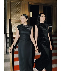 Betsy & Adam Studded Velvet Mock Neck Cap Cleeve Sheath Gown